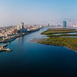 Panoramic view of Ras Al Khaimah skyline with mountains in the background